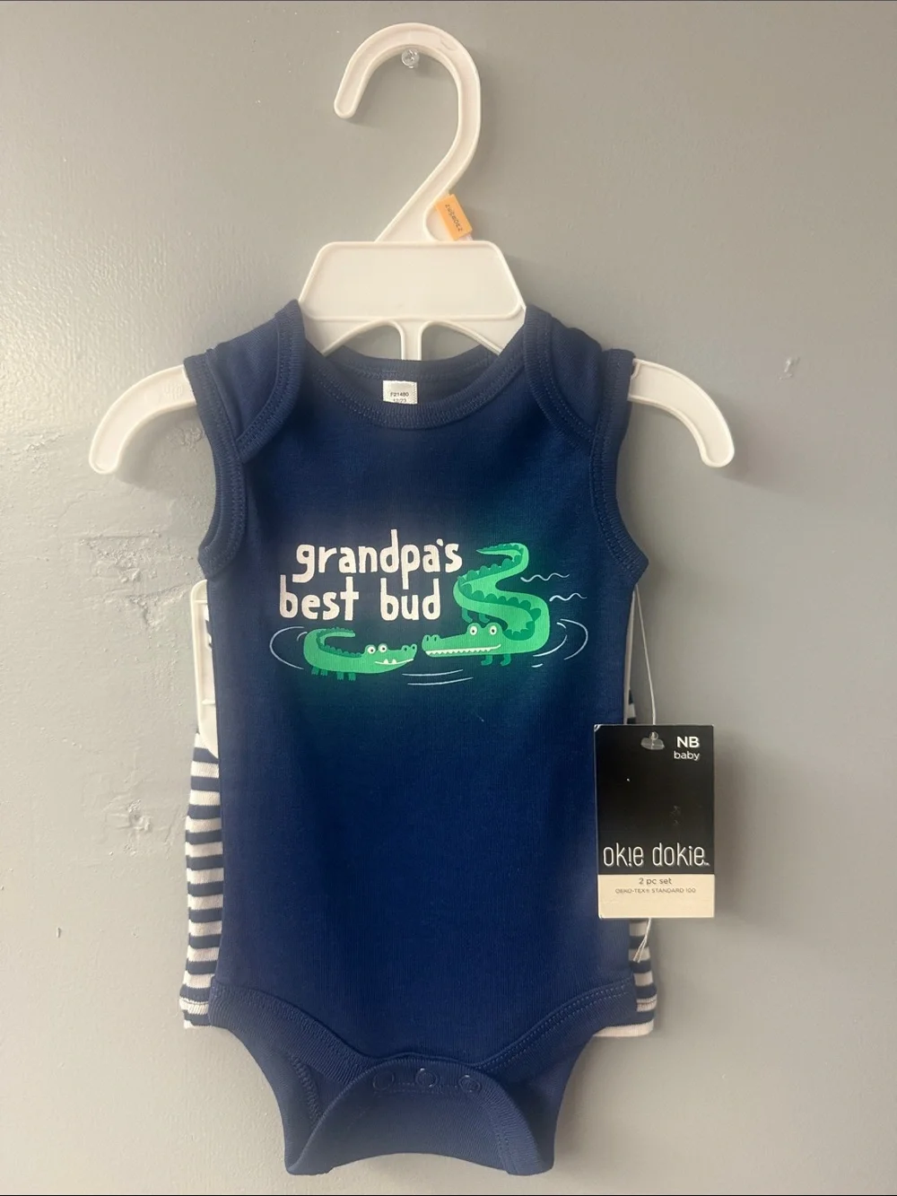 okie dokie Navy Baby Onesie with Green Alligator Graphic